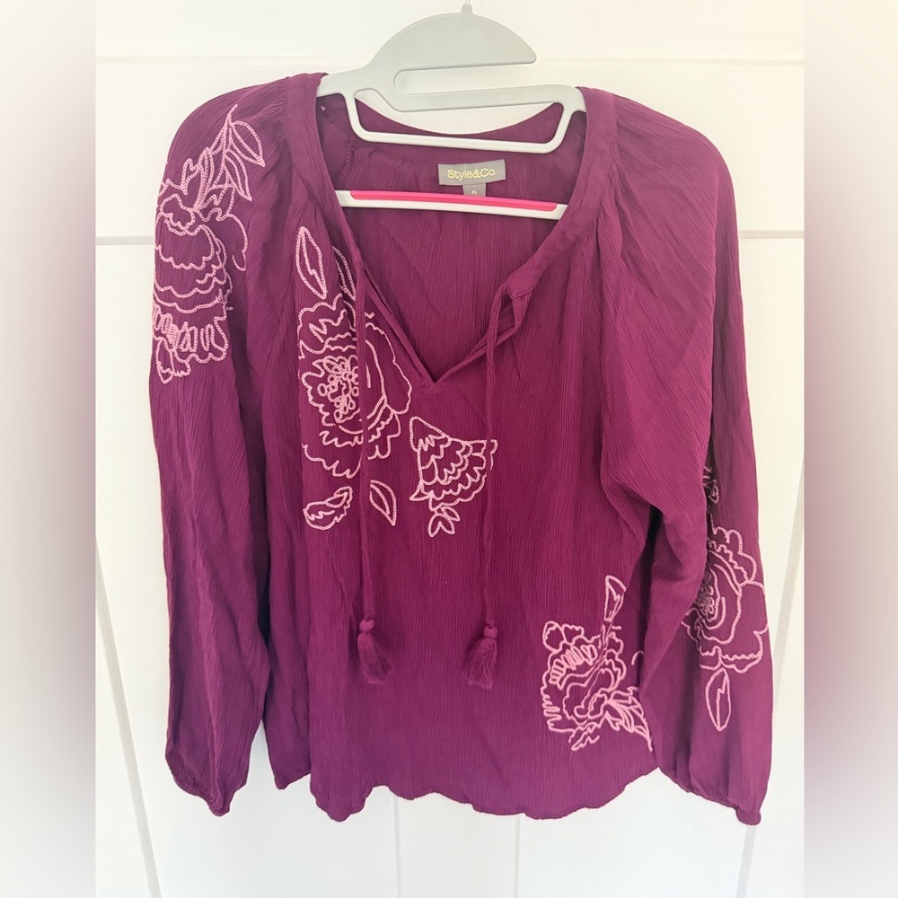 Style & Co Boho Embroidered Blouse Petite Large Berry Peasant Top